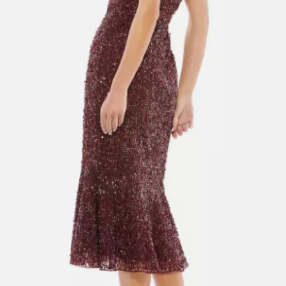 MAC DUGGAL 10801 SEQUINED FLUTTER V-NECK CAP SLEEVE TRUMPET BUGUNDY MIDI DRESS 6 - Picture 5 of 5